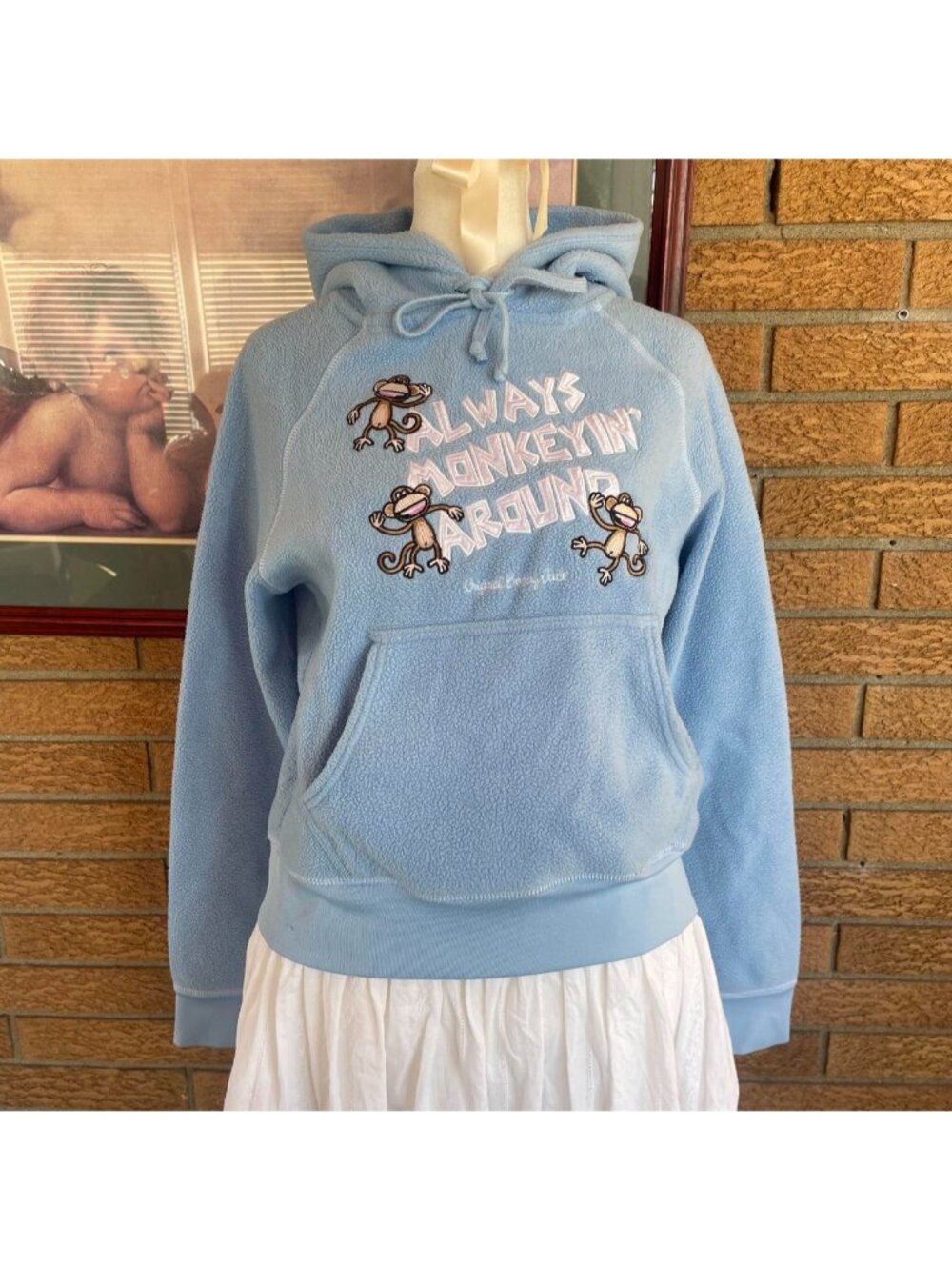 Bobby Jack “Always Monkeyin’ Around,” blue fleece hoodie